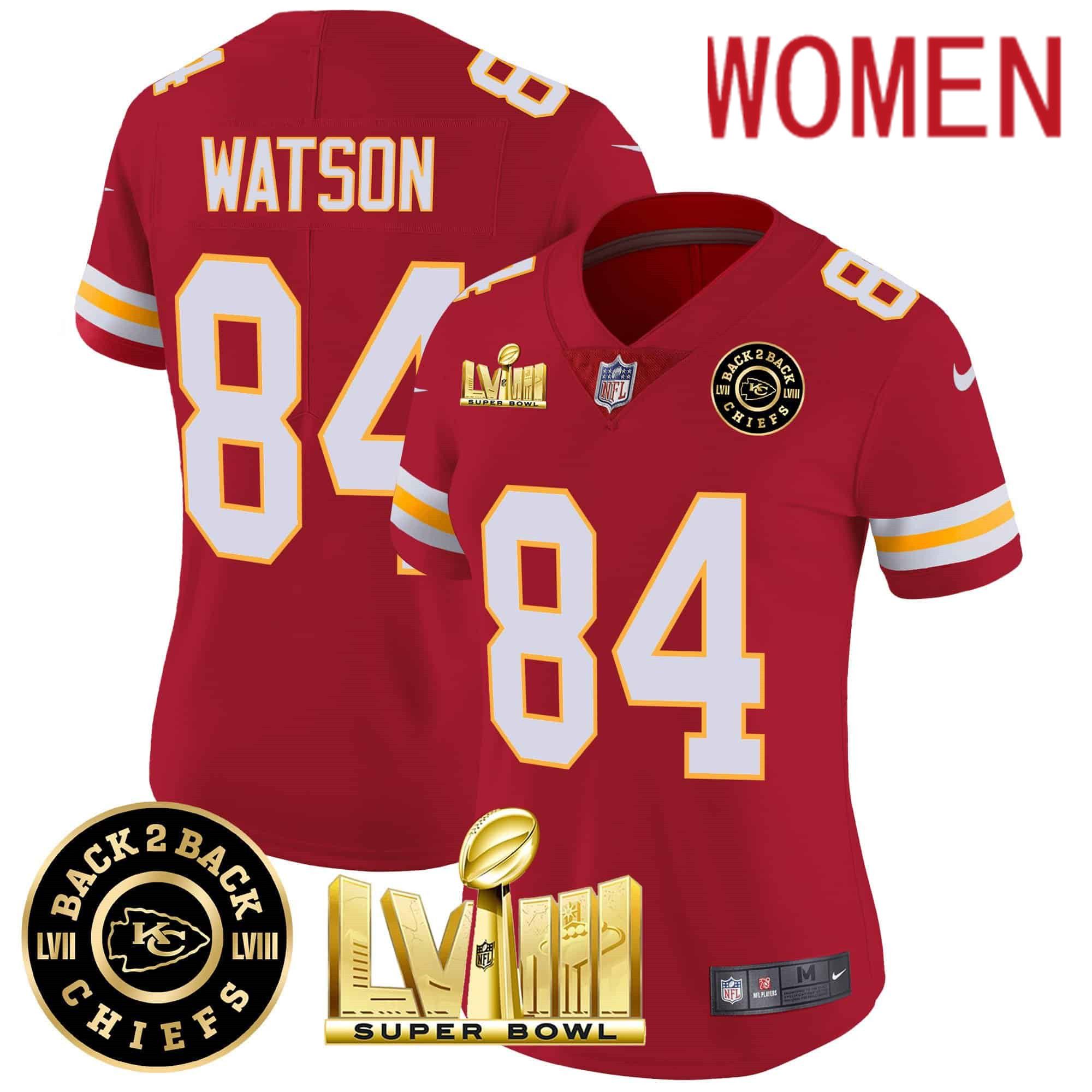 Women Kansas City Chiefs #84 Watson Red 2024 Nike Super Bowl LVIII & Back-2-Back Patch Vapor NFL Jersey style 3->women nfl jersey->Women Jersey